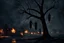 Placeholder: photorealistic, vintage era, violent, black people brutally lynched and hanged, killed by neck on hangers, obscured, burning village, hangman, night, photorealistic silhoutte