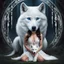 Placeholder: Beautiful young girl kneeling next to a white wolf