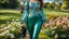 Placeholder: fullbody close up of girl makeup wearing a dark green-silver victorian top and pants and pretty boots walking in moder city of 2040 park ,flowers ,pretty clouds in blue sky,city escape.