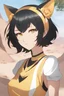 Placeholder: Young woman with short, black hair and cat ears. vivid gold eyes, tight shirt, short shorts,smirking, desert background, RWBY animation style