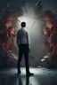 Placeholder: a man looking into a shattered mirror and seeing a horrifying, abstract monstrous reflection
