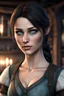 Placeholder: A female breton barmaid from Skyrim with light blue eyes, brunette, melancholic, wholesome