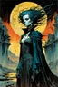 Placeholder: create a highly ethereal, darkly magical surrealist full body portrait illustration of an antediluvian female vampire with highly detailed and deeply cut facial features, in the chaotic, shifting, otherworldly landscape of a ruined 18th century PARIS in the comic art style of BILL SIENKIEWICZ, FRANK MILLER, and JEAN GIRAUD MOEBIUS, searing lines and forceful strokes, precisely drawn, boldly inked, darkly colored, negative space