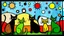 Placeholder: a playful abstract stained glass window in the style of Joan Miró, featuring six minimalist cats made of bold black lines and simplified organic shapes. The composition includes floating eyes, moons, dots, and stars in primary colors — red, yellow, blue — mixed with bright green and black. Each cat is reduced to essential forms: circles, curves, sharp ears, long tails, integrated into a colorful, free-flowing pattern. The stained glass has a modern, light-hearted energy, filled with whimsical sy