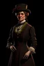 Placeholder: warm but stern aunty victorian era, posh british accent influenced, high born facial features dnd character on a solid black background, full body image, high quality realistic.