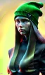 Placeholder: girl, cute, beautiful, long hair, wavy hair, green hair, blue eyes, green beanie, green coat, black tee shirt, head and shoulders portrait, 8k resolution concept art portrait by Greg Rutkowski, Artgerm, WLOP, Alphonse Mucha dynamic lighting hyperdetailed intricately detailed