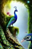 Placeholder: beautiful peacock, jungle, mystical, dreamlike, romanticism, fine detail, high quality, raining, rain droplets, beautiful colors,