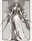 Placeholder: full-length, detailed persona, sword in hand, gorgon medusa, from the back, half turn