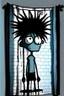 Placeholder: 2d drawing of a stickman, cool with punk hair, x eyes like in hangman, dressed in a shower towel,leaning against a wall,3d realistic in colour