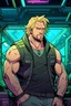 Placeholder: man, 40 years old, fat, blond hair, in anime style with cyberpunk vibes, chemise, comic book,