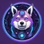 Placeholder: Simple draw of a circular logo of a Shiba Inu cartoon cybernetic puppy, purple colored fur, a blue LED on its forehead and electronic circuits around it.