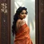 Placeholder: A divine South Asian woman stands in quiet grace, draped in a designer saree of earthy clay tones, evoking the warmth of Bengal soil. Her modern blouse features a deep back cut and minimalist straps, blending tradition with contemporary elegance. Her teary eyes shimmer with emotion, her serene face framed by soft curls and a subtle bindi. Behind her, a carved wooden door with intricate floral and geometric patterns glows in the misty golden light of Diwali. A tall palm tree looms through the fog