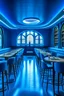 Placeholder: A restaurant whose outer walls are oval in shape, the color of the inside is blue, and its floor is light, with a bar table in the middle of the restaurant in the shape of an oval, containing 30 chairs without windows.