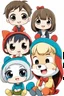 Placeholder: Adorable chibi five anime caracters happy group sitting together on White Background, cartoon mood