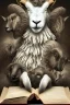 Placeholder: one black sheep reads a book on other site white sheep herd sleep