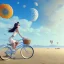 Placeholder: A girl is riding a bicycle on the beach. His cat is sitting in the front basket of the bicycle. Spring flowers can be seen everywhere. Beautiful blue sky with white clouds - kites in the sky. sense of peace. digital art, anime, 8k, full details, colorful, high resolution