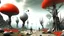 Placeholder: TREES AND ANTHROPOMORPHIC CREATURES IN A SURREAL ENVIRONMENT WITH THE GROUND RED AND GRAY ENVIRONMENTS IN THE SKY