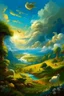 Placeholder: The creation of the world by God. In front of us is a valley with a beautiful landscape, where beautiful animals roam, beautiful birds fly in the sky, beautiful clouds and God in the clouds