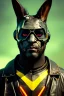 Placeholder: Medium Close Up Portrait, Front image. cyberpunk, rabbit mask, british man, black hair and beard. latex suit army. Red, yellow, color. Mad max style. Color background, photo studio. Avatar image, highly detailed, concept art, smooth, unreal engine 5, ray tracing, RTX, lumen lighting, ultra detail, volumetric lighting, 3d, finely drawn, high definition, high resolution.