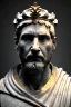 Placeholder: Ultra Realistic image, Roman sculpture, white marble material, Lionel Messi, gold laurel leaves crown, god crown, gold veins, gold ornaments, Renaissance style, sun rays background, waist up portrait, epic, celestial, cinematic lighting, God lights, 4k resolution, smooth details, soft lighting, unreal engine 5, art station, substance 3d.