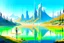 Placeholder: Sunny day, distant modern city, lake, lake reflections, people, mountains, sci-fi