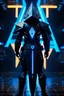 Placeholder: cyberpunk, neon blue, floating triangle of light behind the back, cyber armor, geometric patterns on an armor, male, orbiting triangle