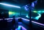 Placeholder: inside a sci-fi control station with windows looking out into the night sky, rain on the windows, outside is a river and cliffs