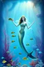 Placeholder: underwater scene, a mermaid, beautiful colors, fish, very fine detail, high quality, mystical, romanticism, intricate, Neo-Impressionism,
