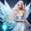 Placeholder: Fantasy fairy with transparent wings, smiling, make up, long platinum blond hair with crown and flowers, blue dress, flowering background