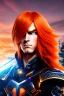 Placeholder: Male Cyborg anime warrior, orange hair, long hair, blue eyes, waist up portrait, 8k resolution, intricate details, ornate details, soft lighting, vibrant colors, retroanime, masterpiece, intricate eyeliner, dark eyeshadow, eyes, futuristic cityscape background