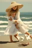 Placeholder: ((Mary-Kate and Ashley Olsen a warm hug)),Her laughter floats harmoniously with the sound of seagulls, infusing the air with a joyful melody. A vivacious energy radiates from her as she gracefully adjusts her oversized sun hat, casting a charming shadow on her sun-kissed face. The rhythmic crashing of waves seems to echo her carefree spirit.