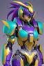 Placeholder: One Genderless Cyborg made of metal, has a human like face with a really long violet ponytail, the armor is similar to Omega from Megaman. The color palatte of the armour is deep purple and yellow. They have clear visor, and have Turquoise colured eyes.