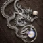 Placeholder: a gorgeous, stunning pewter necklace of a dragon clutching an illuminescent moonstone lying on a rustic wood table with crystal ball behind necklace, 8k resolution, high-quality, fine-detail, photorealistic, intricate, digital art, detailed matte, volumetric lighting, illustration, 3D octane render, brian froud, howard lyon, selina french, anna dittmann, annie stokes, lisa parker, greg rutowski, George Grie, Ben Goossens, Igor Morski