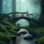 Placeholder: poet with lute, evening, glowing mist creature on rock under wooden bridge in magical forest, spray painting, foliage frame, fantasy art , movie poster, Realistic photography, incredibly detailed, ultra high resolution, 8k, complex 3d render, cinema 4d, color corrected