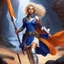 Placeholder: Aria, by Weyland: blonde warrior, white curly hair, with a revealing blue tunic holds a lance with an orange flag, she is crouching cavern