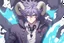 Placeholder: anime man with ram horns, fangs, messy purple hair and blue eyes