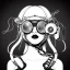 Placeholder: winnner illustrator, sketch of a cute girl, beautiful, steampunk syle, black and white. Helmet with tubes, square glasses and wires. highlt detailed. very complex.