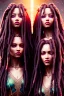 Placeholder: Matrix twins, dreadlocks, resolution, intricate details, ornate details, soft lighting, vibrant colors, retroanime, masterpiece, intricate eyeliner, dark eyeshadow, eyes, intricate tattoos, natural background, fae, sidhe