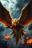 Placeholder: Create a ultra high definition and photorealistic image, 12k quality of a beautiful phoenix, majestic and strength showing, emphasis on texturized claws, upclose with a front view flying towards the camera, centre of an explosive and chaotic background scene of Armageddon where he is followed by demon like dark clouds in persuit trying to grab him, phoenix has striking eyes and determined look, majestic wings folded inwards in flight, bright auburn, black, white, grey and yellow colours, gothic