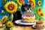 Placeholder: Cat is having a birthday cake. Sunflowers. Highly detailed, smooth colours, realistic landscape. Aquarell