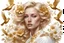 Placeholder: White background, portrait of a blonde woman, gold flowers, golden birds