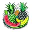 Placeholder: A tropical fruit platter with pineapple and watermelon slices, vibrant, refreshing, overhead lighting, T-shirt design graphic, vector, contour, white background