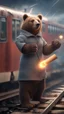 Placeholder: bear with rolling pin and female garments on top of train ,holding dynamite, getting hit by lightening electric arc, with big disturbed eyes,bokeh like f/0.8, tilt-shift lens 8k, high detail, smooth render, down-light, unreal engine, prize winning