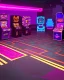 Placeholder: A dark photo of the corners of an 80's aesthetics arcade at night, with a lot of functioning arcade machines, a vaporwave floor and some colorful tiles in between the floor. Purple aesthetics. There are some pizza boxes over some of the arcade machines