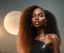 Placeholder: A black woman with long hair, fantasy setting, ethereal, soft lighting, curly hair, amber eyes