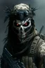 Placeholder: A soldier in the game modern warfare, he wears a skull mask with horns that covers his eyes. The lower half of his face is covered by a mask with a bloody fanged grin. He is a sniper, but can also run point. His call sign is Wraith. Couple