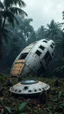 Placeholder: An abandoned damaged UFO spacecraft crashed in the Amazon rainforest , surrounded by monkeys ,