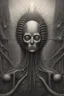 Placeholder: A field of thousands hands , a thin line draw ،front view camera, surreal horror, biomechanical design, by hr giger and beksinski , Busch painting style