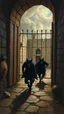 Placeholder: Bosch painting style , an open prison gate and three black wolfs men running away out of the prison