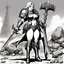 Placeholder: illustration by underground comix artist, Brion Gysin of: some extra heretical 40K, a genderbent version of Big Emmanuelle himself on the battlefield in undies, with her giant war axe. Or is it herself here, I guess? regular, slightly fetishistic 40K style of depicting females with boobplates and all and still have the figure of the Big Emmanuelle exude an air of serious authority.